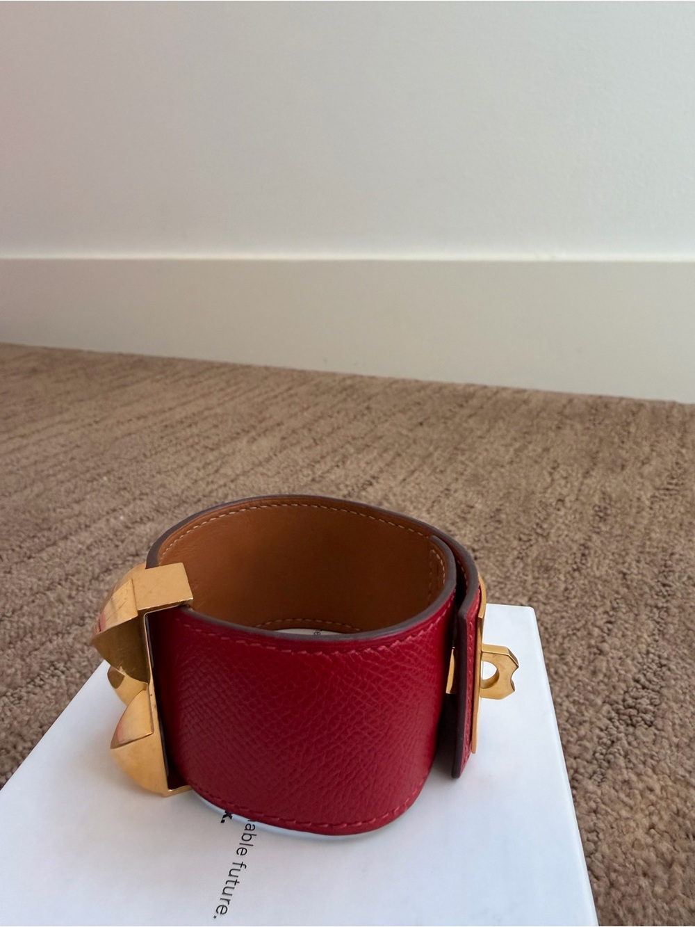 Hermes Red Leather Cuff with Gold Pyramid Studs and Ring - Picture 5 of 6